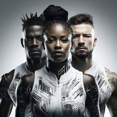 Three athletes of different races with cyber gear from the future; Blackstrong  woman as a leader; Diversity and Equality; Anti-racism; 4K(1:1)
