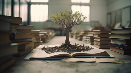 World philosophy day education concept with tree of knowledge planting on opening old big book in...