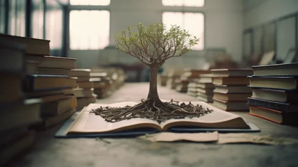 Fototapete World philosophy day education concept with tree of knowledge planting on opening old big book in library with textbook, stack piles of text archive and aisle of bookshelves in school study class room © Matthew