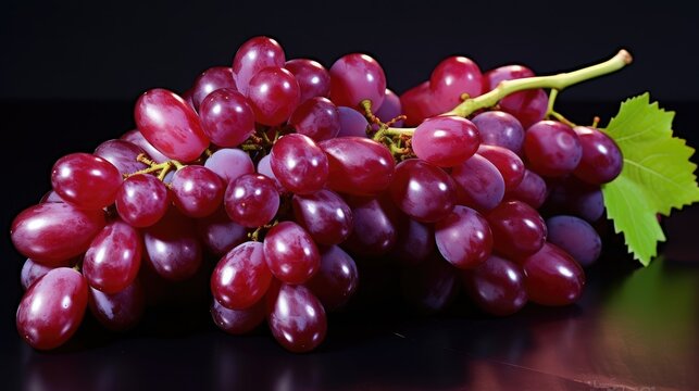 A close-up, hyper-realistic stock image of plump, glossy red grapes in an elegant, cascading formation. Woody stems, sharp focus, and vibrant colors highlight their freshness
