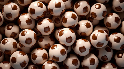 Background with a lot of chocolate soccer balls. View from above