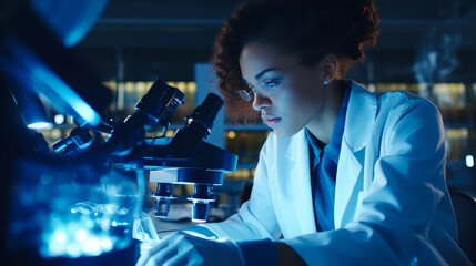 Black Female Scientist Meticulously Studies a Newly Discovered Virus in a Laboratory Uses High-tech Instruments and Microscope to Prevent the Epidemic and Find a Vaccine