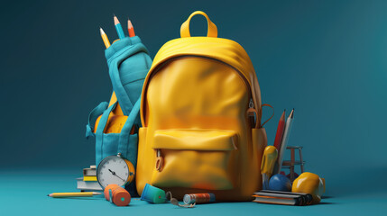 Yellow backpack with school supplies on blue background. Education concept. 3d rendering.