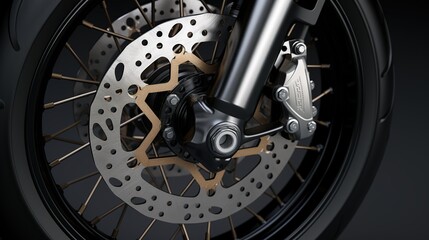Fototapeta premium Close up of front caliper motorcycle disc brake. AI generated image