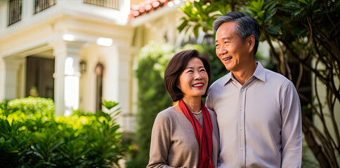 Naklejka premium Portrait of a happy mature asian couple in their home outdoors.