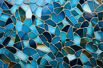 Glossy blue mosaic tile pattern with irregularly shaped arranged randomly.