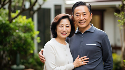 Portrait of a happy mature asian couple in their home outdoors.