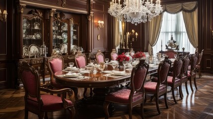 Fototapeta na wymiar Luxurious dining room with polished mahogany table, fine china, crystal glassware, and silver cutlery. Dazzling chandelier and floor-to-ceiling mirrors enhance the elegant ambiance