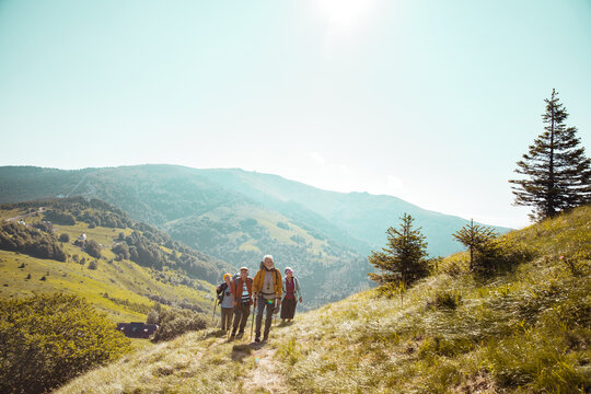 Group of senior friends hiking together in the forest and mountains