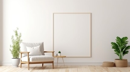 Living room interior wall mockup in warm tones with armchair and vase flower. AI generated