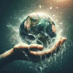 Hands holding planet earth and spreading water. IA Generativa