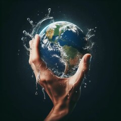 Hands holding planet earth and spreading water. IA Generativa