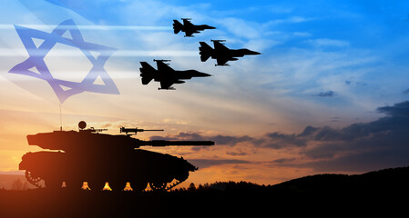 Silhouettes of army tank and fight planes on background of sunset with a transparent waving Israel...