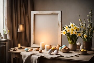 A Canvas Frame for a mockup subtly illuminated by candlelight in an Easter living room, with a nearby window ledge adorned with painted eggs and blooming daffodils