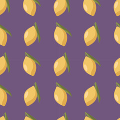 Vector illustration. Seamless pattern with yellow lemons on a purple background. Contrasting ornament for print, wrapping paper, background, poster.