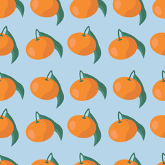 Vector illustration. Seamless pattern with orange tangerines on a light blue background. Contrasting ornament for print, wrapping paper, background, poster.