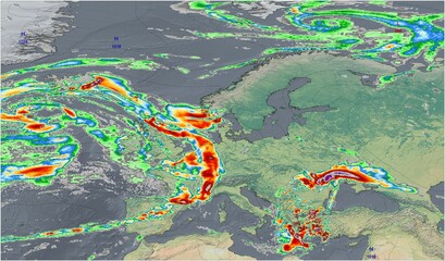 El mapa meteorológico muestra intensas precipitaciones en Europa, destacando los importantes patrones de lluvia de la región. - obrazy, fototapety, plakaty