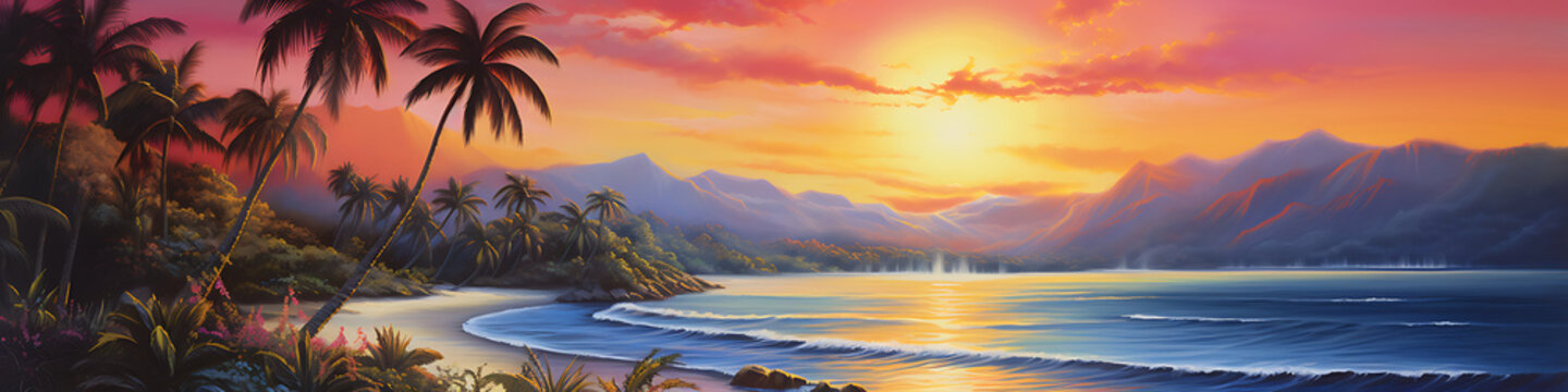 ocean sunset, landscape, sea, beach, oil painting, nature, sky, cloouds, panorama, mountains, water, palm trees, bay