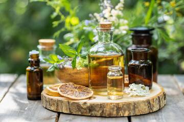 Concept of pure organic essential oil in glass bottles in cosmetology. Moisturising skin care, aromatherapy. Gentle body treatment. Atmosphere of harmony, relax. Wooden background, natural ingredients - obrazy, fototapety, plakaty