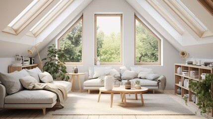 Fototapeta na wymiar Create an image of a Scandinavian attic living room with high, vaulted ceilings and a color palette inspired by nature's serenity.