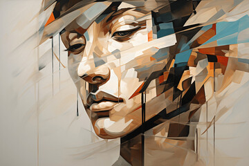 Abstract illustration of a young woman's face in vibrant colors and figures. Expression of sadness and disappointment