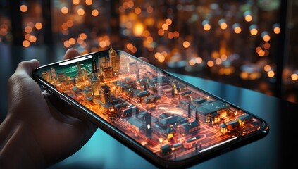 a smartphone is holding a map of the city, in the style of realistic and hyper-detailed renderings, quirky futuristic, hdr, hendrick cornelisz vroom, rounded, rtx on, spatial