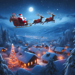 santa claus in his sleigh flying over a village. Generative AI © Antonio