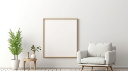 Living room interior wall mockup in warm tones with armchair and vase flower. AI generated - obrazy, fototapety, plakaty