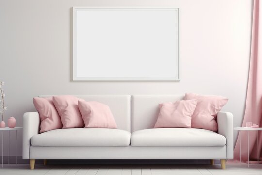Mockup, template for design. Modern light fashionable living room interior with large empty picture frame on white wall. Copy space. White sofa with Light pink pillows. Banner, advertising, poster.