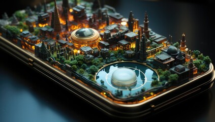 a cell phone with a map of a city, in the style of realistic hyper-detailed rendering, future tech, 8k resolution, surprisingly absurd, innovative page design, transavanguardia, automatism - obrazy, fototapety, plakaty