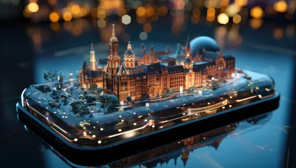 Foto op Plexiglas a cell phone with a map of a city, in the style of realistic hyper-detailed rendering, future tech, 8k resolution, surprisingly absurd, innovative page design, transavanguardia, automatism © Mahenz