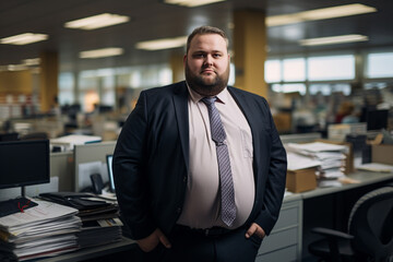 Plus-size managers. Body diversity also exists in positions of high responsibility, and make plus-size people visible in the workplace, body positive, fat, weight suit costume. - obrazy, fototapety, plakaty