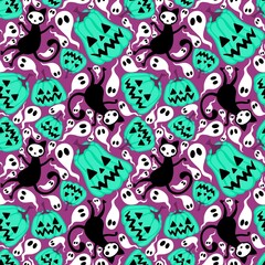 Halloween cat and pumpkins seamless ghost and skulls and poison pattern for wrapping paper and fabrics