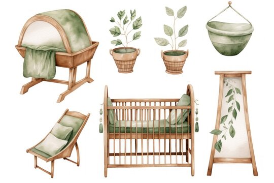 Nursery Decoration. Set Of Baby Furniture Isolated On White Background. Watercolor Illustration. Scandinavian Style. Natural Materials Furniture, Minimalism. Beige And Green Colors. Design Elements