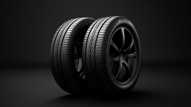 Car wheels with tire side view isolated on dark background. AI generated image