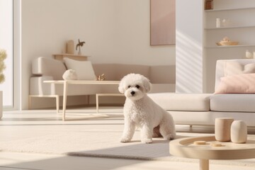 Purebred pedigreed white Bichon Frize dog in a modern interior of a bright, cozy living room in a Scandinavian style in soft colors. Cute puppy. Copy Space. Advertising, banner, poster, placard. - obrazy, fototapety, plakaty