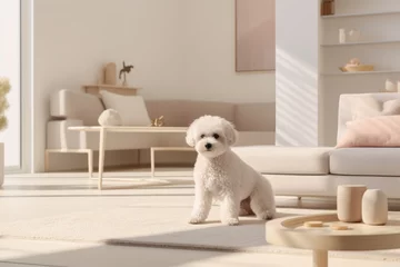 Foto op Plexiglas Purebred pedigreed white Bichon Frize dog in a modern interior of a bright, cozy living room in a Scandinavian style in soft colors. Cute puppy. Copy Space. Advertising, banner, poster, placard. © Jafree
