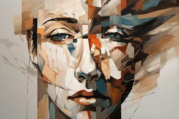 Abstract illustration of a young woman's face in vibrant colors and figures. Expression of sadness and disappointment