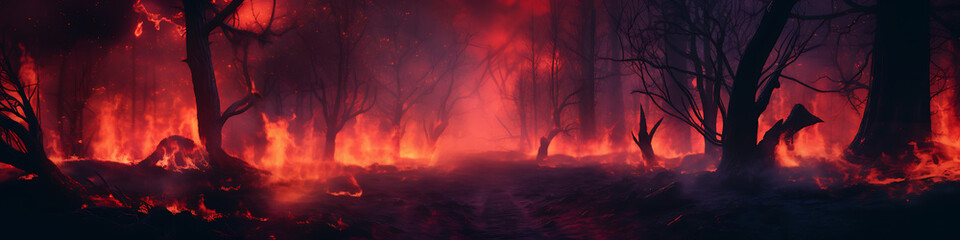 
dark forest, wide view, gloomy, scary, halloween, cinematic, bluish mood with points of fire in the background