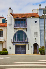 San Francisco, USA modern white 3 story home with purple trim