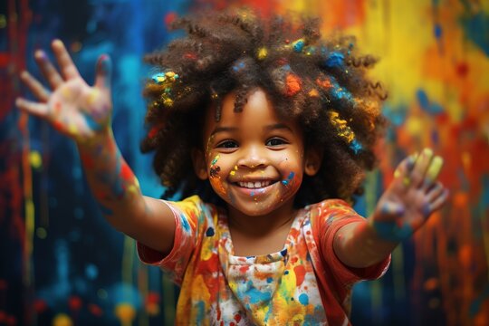 Portrait of an afro girl stained with paint in funny attitude