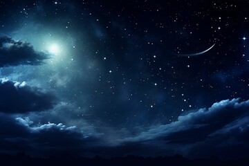 Nighttime sky featuring stars and crescent moon. Generative AI - obrazy, fototapety, plakaty