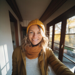 38 - year - old Hungarian woman, in autumn, in a villa, wearing light - colored fleece, smiling without - obrazy, fototapety, plakaty