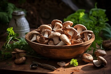 photo of mushrooms in a bowl, used for cooking. Generative AI