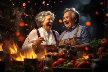 Old people cooking in the kitchen, pensioners, cooking together, healthy living, older generation, cooks cooking dinner, happiness and enjoyment togethe, smiles and health, proper nutrition .