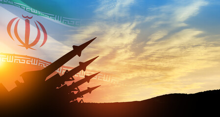The missiles are aimed at the sky at sunset with Iran flag. Bomb, chemical weapons, missile...