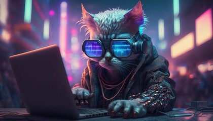 fantastic art cat Wear glasses working laptop neon colorful