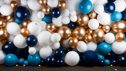 beautiful festive background with blue balloons and gold ribbons.