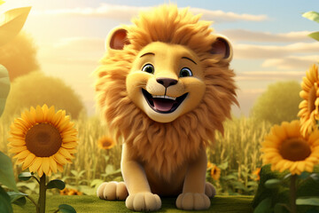 Leão fofo e feliz em um campo de girassois - Ilustração 3D 