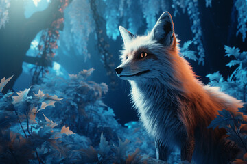 Raposa branca em uma floresta de gelo com a iluminação azul - Papel de parede fantasia